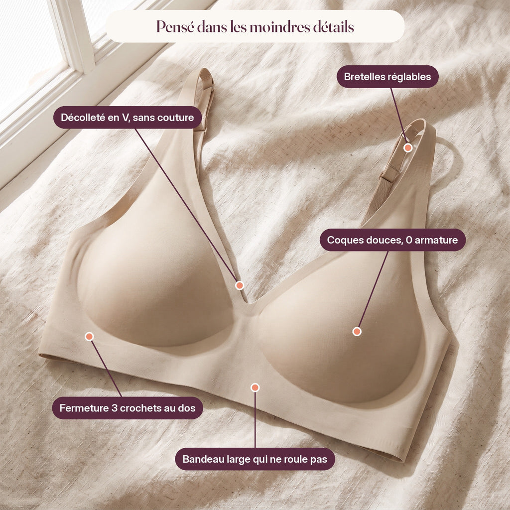 1 - Détails du soutien-gorge Nidélie : bretelles réglables, décolleté en V sans couture, coques douces sans armature, bandeau large, fermeture 3 crochets