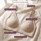 1 - Détails du soutien-gorge Nidélie : bretelles réglables, décolleté en V sans couture, coques douces sans armature, bandeau large, fermeture 3 crochets
